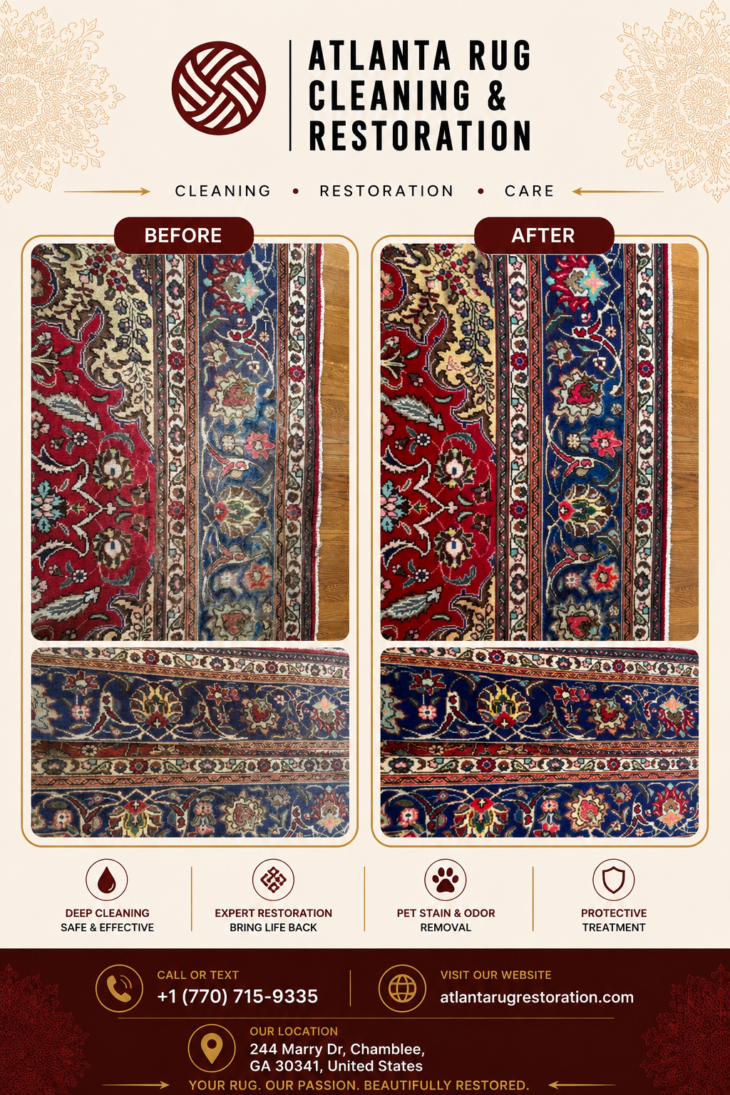 Before and after Persian rug deep cleaning and restoration — Atlanta Rug Cleaning & Restoration