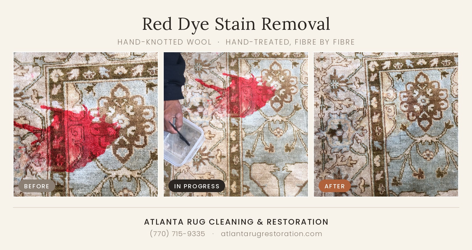 Before and after red dye stain removal on hand-knotted wool rug — Atlanta Rug Cleaning & Restoration