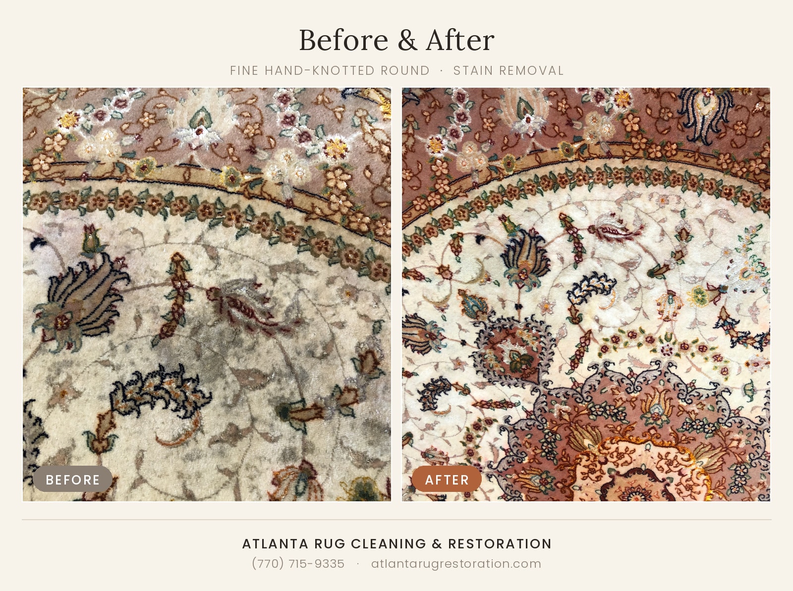 Before and after fine hand-knotted round rug stain removal — Atlanta Rug Cleaning & Restoration