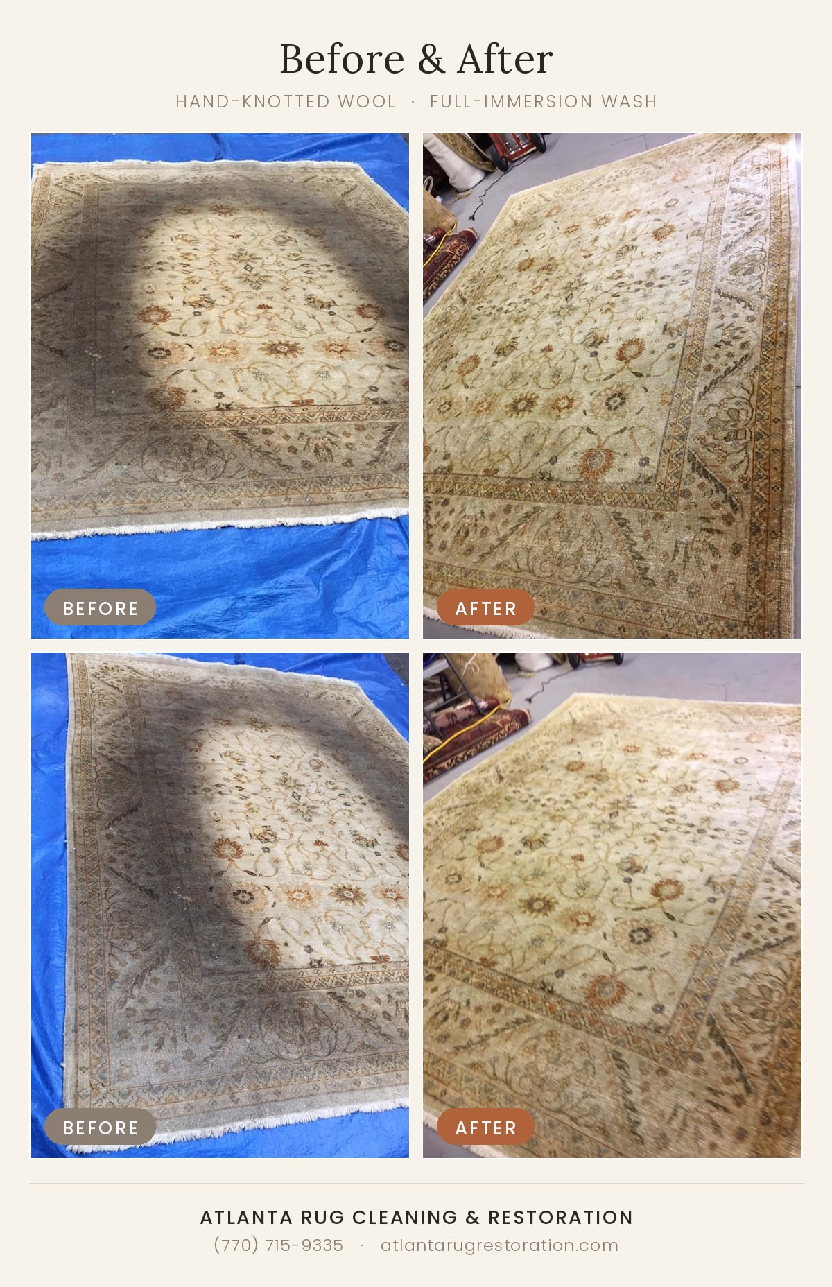 Before and after hand-knotted wool rug full-immersion wash — Atlanta Rug Cleaning & Restoration